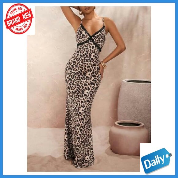 Stretchy Knit Bodycon Maxi Dress Spaghetti Strap Y2K Animal Print - Picture 6 of 6